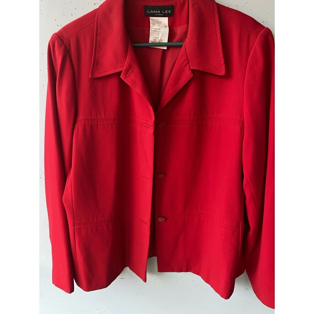 Lana Lee Womens Red Button Front Lined Short Blazer Jacket Long Sleeve Size 16